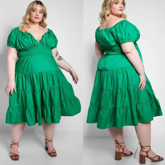 RebdollS MOMENT PEASANT TOP LAYERED MIDI SKATER DRESS - GREEN plus 1X women’s - Picture 7 of 7